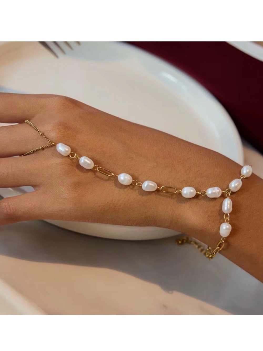 18K Gold Plated Freshwater Pearl Hand Chain Bracelet